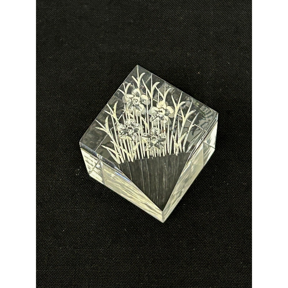 Vintage Lucite Acrylic Floral Etched Sculpture Mini 1" Cube